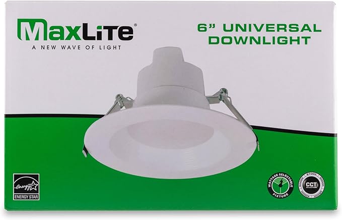 Maxlite RCF6T10WCS Universal Downlight 6 Inch LED Recessed Light - White, Canless, 2700K, 3000K, 3500K, 4000K, 5000K CCT Selectable, 120-277V, Dimmable to 10%, Wet Location Suitable, 107 Degree Angle