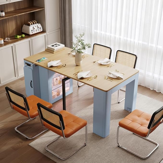 Extendable Dining Table with 3 Removable Middle Leaves, Mobile Rolling Island Table with Power Outlet, Saving-Space Cabinet with Storage for Dining Room and Living Room (Grey Blue and Natural)