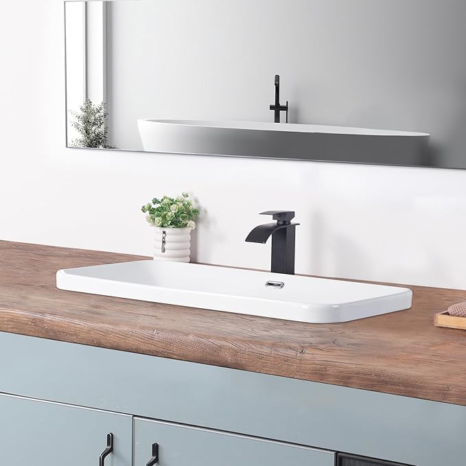 Bathroom Vessel Sink 31.5" X 16.5" Semi Recessed Bathroom Sink Rectangular Drop In Bathroom Sinks with Overflow White Ceramic Vessel Sinks for Bathroom Modern Above Counter Basin Vanity Sink