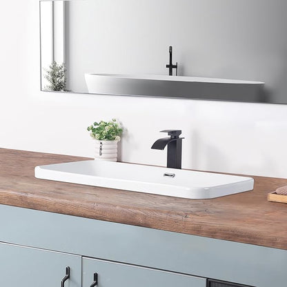 Bathroom Vessel Sink 31.5" X 16.5" Semi Recessed Bathroom Sink Rectangular Drop In Bathroom Sinks with Overflow White Ceramic Vessel Sinks for Bathroom Modern Above Counter Basin Vanity Sink