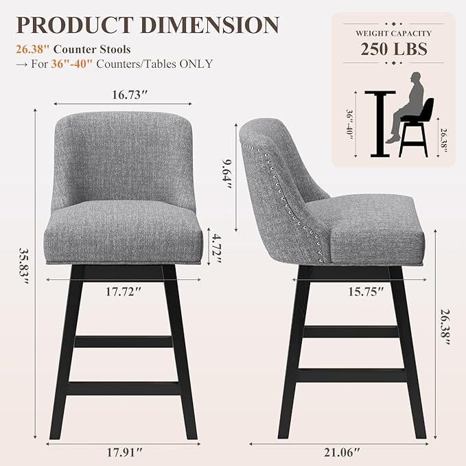 MALOL Swivel Bar Stools Set of 2, 27" Counter Height Kitchen Stools with Padded Seats and Solid Wood Legs, Upholstered Barstools for Kitchen Island, Breakfast Nook (Dark Gery)