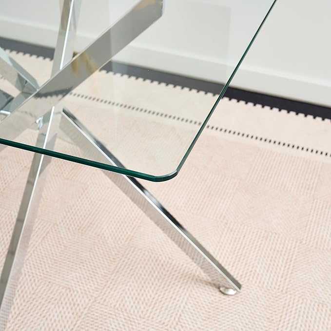 Square Glass Dining Table,Glass Dining Room Table with Metal Legs, Modern Glass Kitchen Table for Home, Kitchen, Dining Room