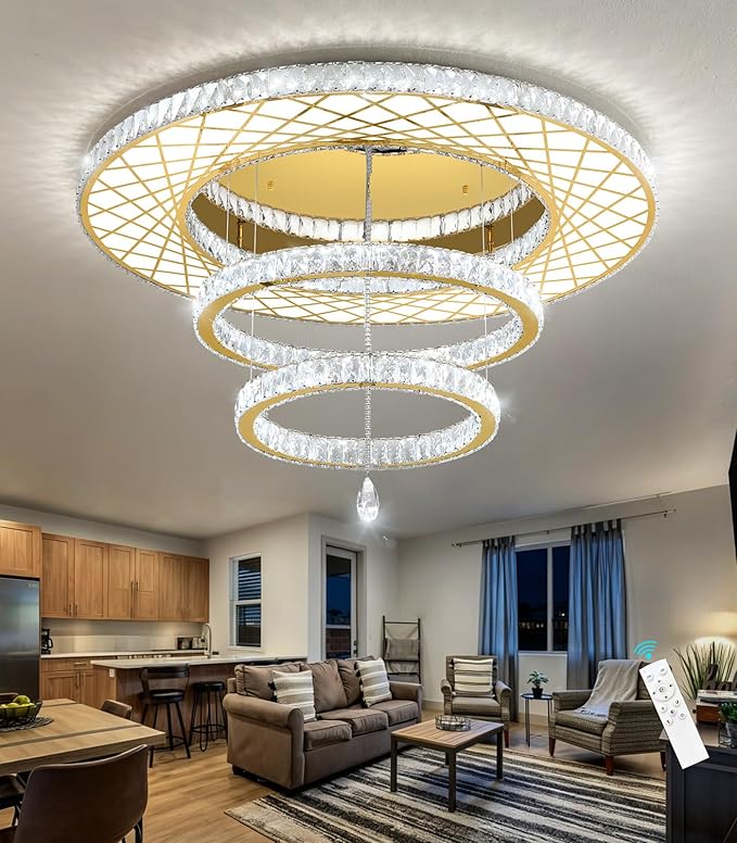 HAIXIANG 40 Inch LED Chandelier, Ceiling Light for Living Room Flush Mount Lighting Fixtures Remote Dimmable, Compatible with Sloped Dome Ceiling Install, Gold