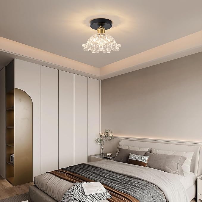 1-Light Vintage Semi Flush Mount Ceiling Light, Black and Gold Glass Shade Close to Ceiling Light Fixture, E26 Base Retro Lighting for Hallway Entryway Kitchen Bedroom
