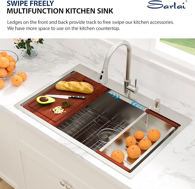 Sarlai 33 Drop In Kitchen Sink with Faucet- 33x22 Inch Drop Kitchen Sink Ledge Workstation Sinks 16 Gauge Stainless Steel Single Bowl Topmount Sinks Basin with Pull-out Faucet