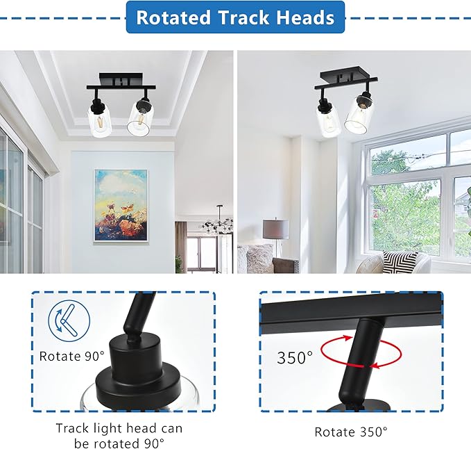 MELUCEE 2 Light Wall Scone Spotlight Semi Flush Mount Ceiling Light, 12.2 Inch Black Bathroom Lights Rotatable Track Lighting Kit for Hallway Porch Foyer Bath Storage, Clear Glass Shade