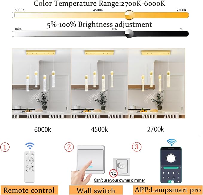 4-Light Gold Pendant Lights Kitchen Island Modern LED Dimmable Gold Crystal Column Ceiling Light for Dinning Room Living Room 32W