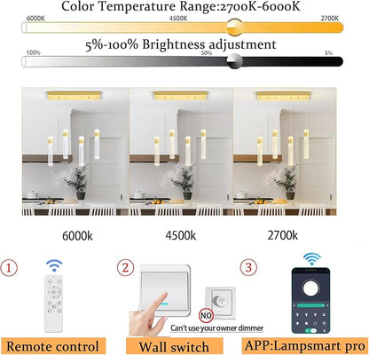 4-Light Gold Pendant Lights Kitchen Island Modern LED Dimmable Gold Crystal Column Ceiling Light for Dinning Room Living Room 32W