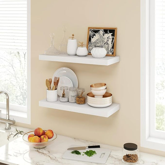 Acovy 24 Inch Floating Shelves, 9.3" Deep Floating Shelf Wall Mounted, 24" Wall Shelves, Rustic Deep Bookshelf, Large Display Shelves & Storage Shelves for Bedroom, Living Room, White, Set of 2