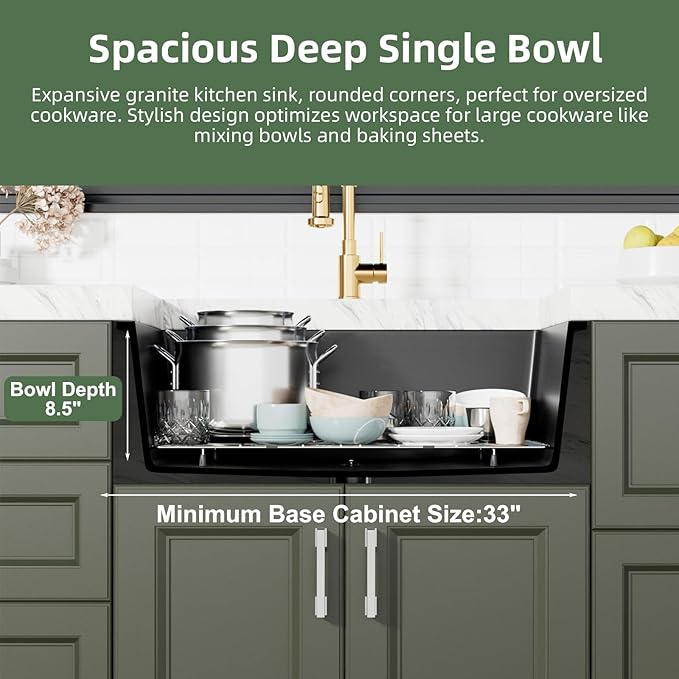 Davivy 30 X 18 Black Granite Composite Kitchen Sink,30 Inch Black Kitchen Sink, Undermount & Drop in Installation, Single Bowl with Bottom Grid and Drain Assembly