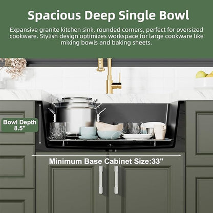 Davivy 30 X 18 Black Granite Composite Kitchen Sink,30 Inch Black Kitchen Sink, Undermount & Drop in Installation, Single Bowl with Bottom Grid and Drain Assembly