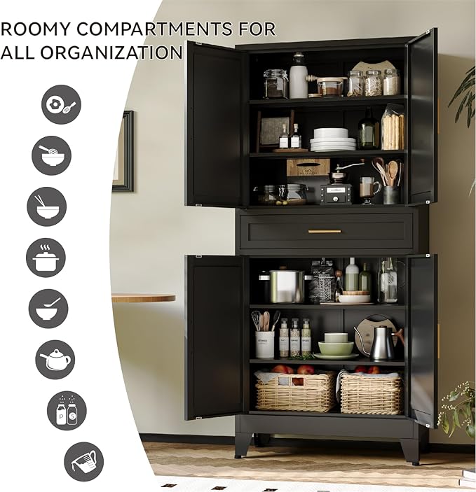 COFaR 71" Modern Pantry Cabinet with Drawer, Black Storage Cabinet with Adjustable Shelves, 3-Section Industrial Cupboard for Kitchen & Office