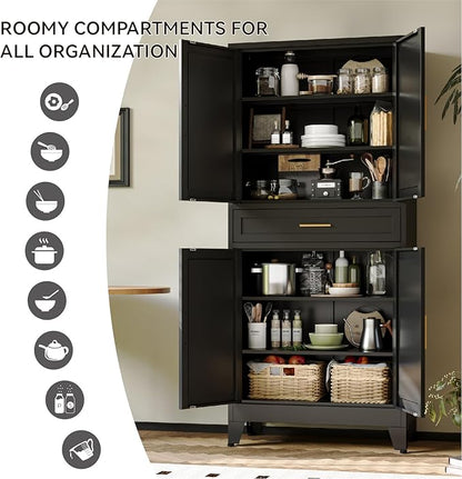 COFaR 71" Modern Pantry Cabinet with Drawer, Black Storage Cabinet with Adjustable Shelves, 3-Section Industrial Cupboard for Kitchen & Office