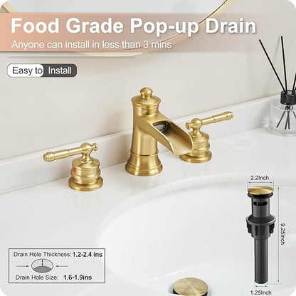 Gold Bathroom Faucet Waterfall, Brass 4-16 Inch Bathroom Faucets 3 Hole, Widespread 2 Handles with Pre-installed Water Hose & Pop-Up Drain for Vintage Vanity Washroom, 10 Mins Quick Installation