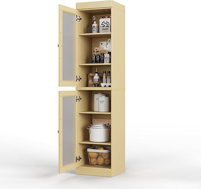 Palace Imports Solid Wood Kitchen Pantry Cabinet w/Frosted Glass Doors - Narrow Storage Cabinet - 16.5" Wide x 71.5" Tall - Yellow, Adjustable Shelves, 100% Eco-Friendly Wood, Modular Cabinets