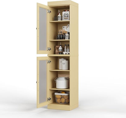 Palace Imports Solid Wood Kitchen Pantry Cabinet w/Frosted Glass Doors - Narrow Storage Cabinet - 16.5" Wide x 71.5" Tall - Yellow, Adjustable Shelves, 100% Eco-Friendly Wood, Modular Cabinets