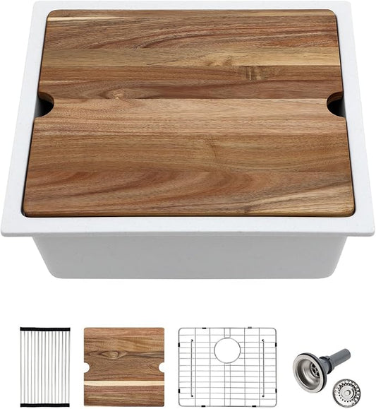 White Undermount Kitchen Sink 21"x18" Workstation Granite Composite Bar Sink Small Granite Sink Undermount Quartz Modern Under Counter Ledge Single Bowl Kitchen Sinks Basin Deep Sink,LOF-Q2313