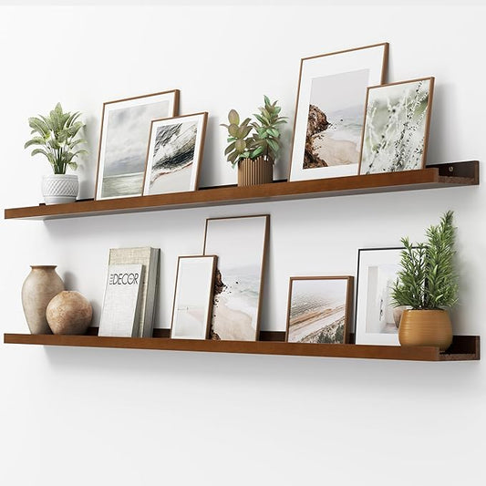 FLYJOE Picture Ledge Shelf, Floating Shelves Set of 2, Solid Ash Wood 72'' Long Large Nursery Book Shelves for Toys Storage, Kids Bookshelf for Living Room Bedroom Decor Books Photo Frames, Walnut