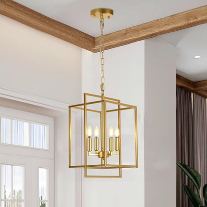 Modern Farmhouse Gold Chandelier, 4-Light Rustic Geometric Chandeliers for Dining Room, Adjustable Metal Hanging Pendant Light Fixture for Entryway Foyer Kitchen Island Hallway