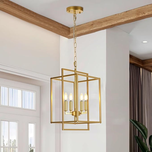 Modern Farmhouse Gold Chandelier, 4-Light Rustic Geometric Chandeliers for Dining Room, Adjustable Metal Hanging Pendant Light Fixture for Entryway Foyer Kitchen Island Hallway