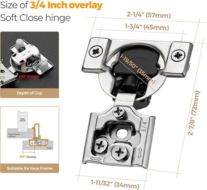 Ravinte 2 Pack 1 Pair 3/4 inch Overlay Cabinet Hinges Kitchen Soft Close Cabinets Hinges Hidden Door Hinge for Kitchen Cabinet Hinges Stainless Steel Adjustable Hinges Satin Nickel Cabinet Hardware