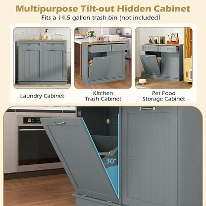 Giantex Tilt Out Trash Cabinet 15.5 Gallon, Wooden Laundry Room Cabinet, 2 Drawers, Storage Cabinet, Recycling Trash Cabinet, Kitchen Island with Garbage Can Holder, 39.5" x 14" x 35.5", Gray