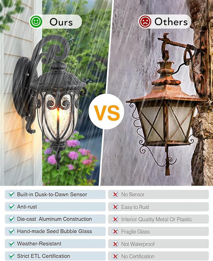 VIANIS Outdoor Light Fixture Dusk to Dawn, 2 Pack Outdoor Lights for House, Black Exterior Lighting Fixtures, Waterproof Outside Lights for House, Garage, Porch, Anti-Rust, Seeded Glass, Vintage Style