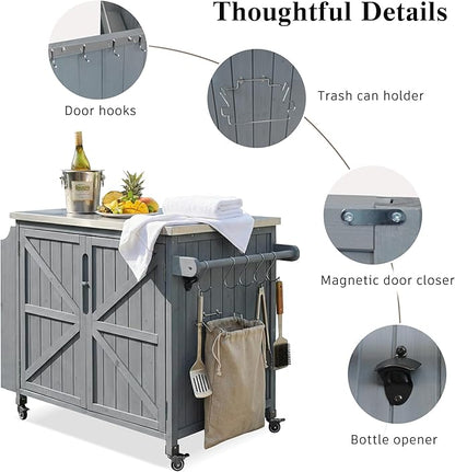 JIJIWANG 42.1" Outdoor Kitchen Island with Stainless Steel Top and Side Shelf, Outdoor Grill Cart with Storage Cabinet and Adjustable Shelves, Kitchen Cart on Wheels for Small Spaces Grey Blue