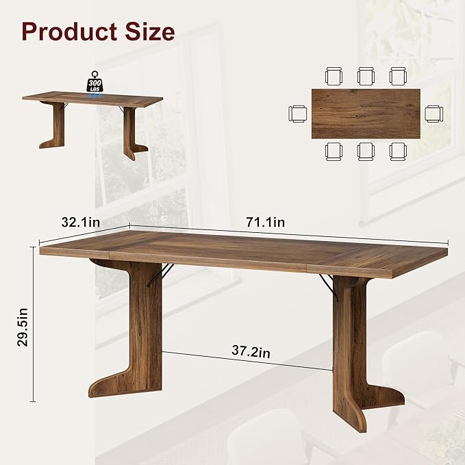GAOMON 71.1 Inch Dining Table for 6-8 People, Farmhouse Rectangle Kitchen Table, Large Wooden Dinner Table with Thicken Tabletop and Sturdy Legs, Kitchen and Dining Room Furniture, Walnut