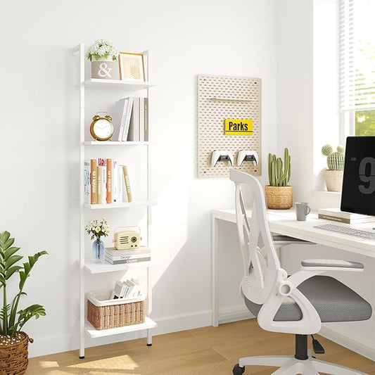 ELYKEN Ladder Shelf, White 5-Tier Wood Wall Mounted Bookshelf with Metal Frame, Modern Open Display Organizer Rack, Leaning Storage Shelves for Living Room, Bedroom, Home Office