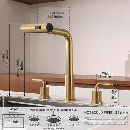 Kitchen Sink Faucet with Pull Down Sprayer - Brushed Gold 3 Hole Stainless Steel Kitchen Faucets - 2 Handle 8 Inch Champagne Bronze Waterfall Sinks Faucet for Laundry Farmhouse Three Holes Set