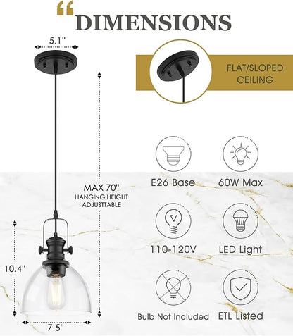 Black Pendant Lights Kitchen Island, 7.5" Farmhouse Pendant Lighting with Clear Glass Shade, Vintage Hanging Light Fixtures for Dining Room Entryway, Adjustable Cord, AD-22151-1P-BK-C