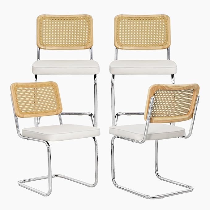 Velvet Upholstered Dining Chair Set of 4 Modern Breuer Designed Rattan Back Stainless Chrome Base Armless Dining Chairs for Kitchen Island, Restaurant,Apartment(White)