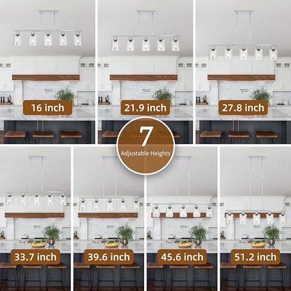 39.4" Kitchen Island Lighting, 5 Lights Clear Glass Pendant Light Fixtue, Chrome Linear Metal Chandelier for Dining&Living Room Foyer,Height Adjustable,E26 Socket