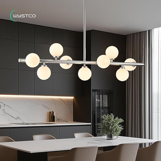 Mid Century Modern Glass Globe Sputnik Chandelier, 9-Light Linear Chandeliers for Dining Room, Kitchen Island, Living, Dining Light Fixture Over Table, Chrome and Milk White Bubble, 40 Inch