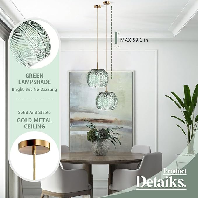 Green Pendant Light Fixtures Glass Globe Pendant Light Gold Modern Pendant Lighting with Ribbed Glass Shade Adjustable Hanging Lights for Kitchen Island Dining Bedroom Farmhouse
