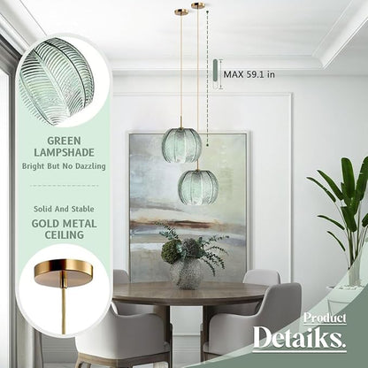 Green Pendant Light Fixtures Glass Globe Pendant Light Gold Modern Pendant Lighting with Ribbed Glass Shade Adjustable Hanging Lights for Kitchen Island Dining Bedroom Farmhouse