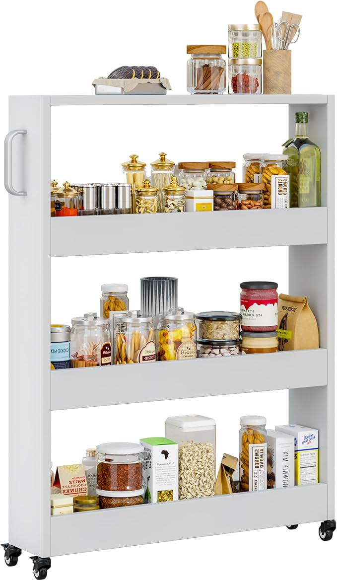 Slim Storage Cart, Lightweight 4 Tier Metal Rolling Utility Kitchen Cart on Wheels, Mobile Storage Shelving Unit Organizer for Bathroom Laundry Office Narrow Places (4 Tier-White, 6" D)