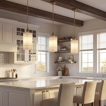 3Pack Milk Glass Striped Kitchen Island Pendant Lights, Vintage Dining Room Light Fixture - Adjustable Hanging Light Set for Dining Room, Bedside, Vanity Area, Hallway & Entryway