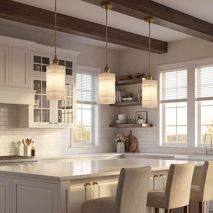 Milk Glass Striped Kitchen Island Pendant Light, Vintage Dining Room Light Fixture - Adjustable Hanging Light for Dining Room, Bedside, Vanity Area, Hallway & Entryway