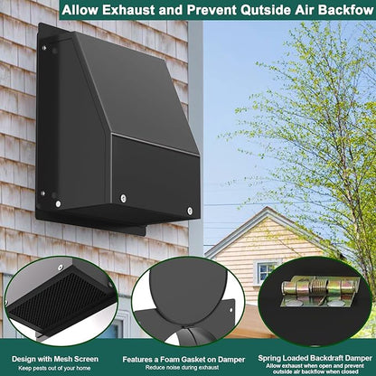 10 Inch Hooded Wall Vent Cover with Screen and Damper, Galvanized Steel Outdoor Wall Exhaust Vent Cover Cap Black for Dryer Bathroom Fan Range Hood HVAC Duct Ventilation (Includes Tape & Clamps)
