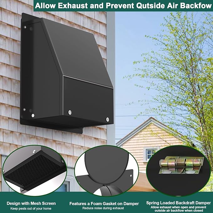 8 Inch Hooded Wall Vent with Screen and Damper, Outdoor Wall Exhaust Vent Cover Cap Kit for Exterior Kitchen Range Hood Bathroom Ventilation Dryer HVAC Duct Air Exhaust Vents, Galvanized Steel, Black
