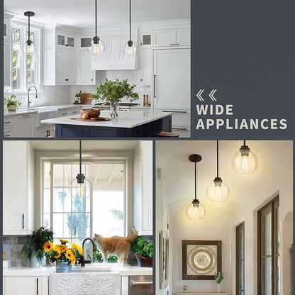Globe Pendant Light – 7 Inch Clear Glass Modern Hanging Fixture, Black Finish Adjustable Height & Sloped Ceiling Compatible for Kitchen Island Dining Room Bedroom Hallway Farmhouse, 1 Pack