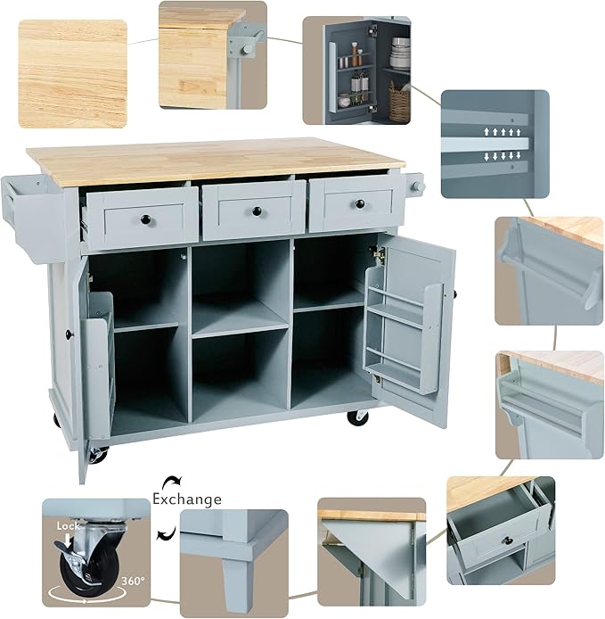 Ball & Cast Kitchen Island Cart with Drop Leaf & Wine Rack,Portable Rolling Kitchen Cart W/Power Outlet 2 Drawers & 5 Wheels,Adjustable Storage for Home Kitchen and Dining Room,Grey Blue