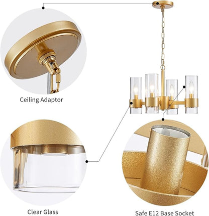 WUZUPS Industrial Chandelier 4-Light with Clear Glass Modern Farmhouse Round Light Fixture for Dining Room Kithen Island Foyer, Width 16.9" Height 12.2", Gold
