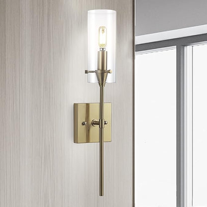 JONATHAN Y 20.5" Brass Gold/Clear 1-Light Modern Farmhouse LED Vanity Light Sconce, Clear Glass Cylinder Shade, Wall Lamp for Bathroom Mirror Hallway Entryway, LED Bulb Included (JYL7805C)