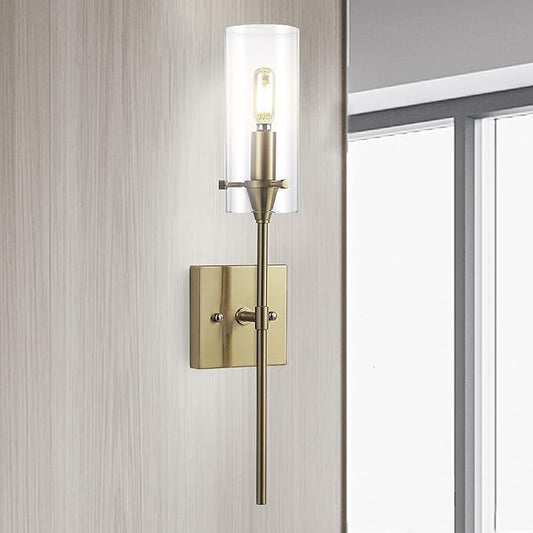 JONATHAN Y 20.5" Brass Gold/Clear 1-Light Modern Farmhouse LED Vanity Light Sconce, Clear Glass Cylinder Shade, Wall Lamp for Bathroom Mirror Hallway Entryway, LED Bulb Included (JYL7805C)