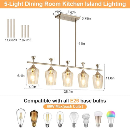 37" Dining Room Light Fixture/Chandelier Over Table, 5-Light Brushed Nickel Kitchen Island Lighting with Clear Glass Shade, Modern Hanging Pendant Lights Fixture for Kitchen Island, Dining Room, Bar