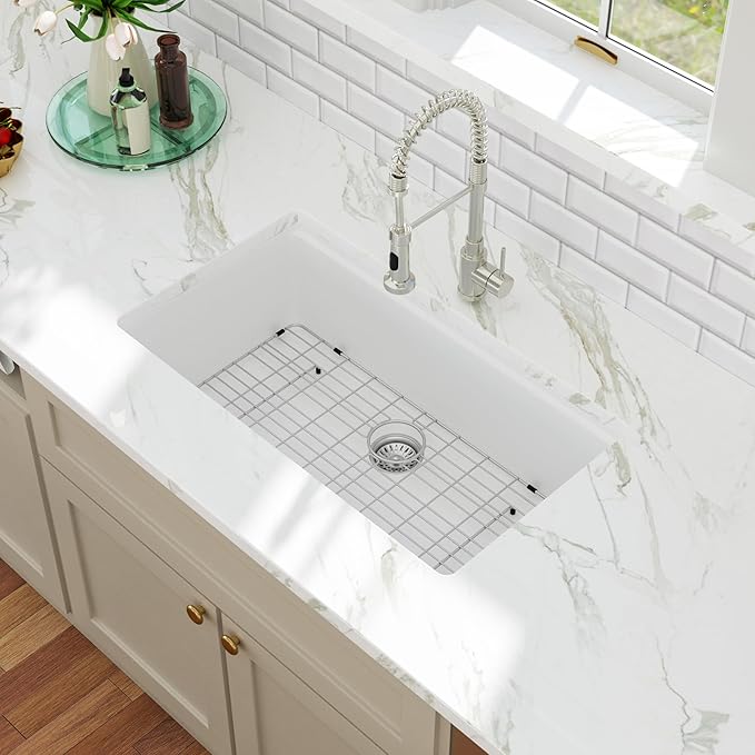 Kichae 32 Granite Composite Kitchen Sink - 32"x19" Grainte Kitchen Sink Workstation Undermount Quartz Sink White Deep Single Bowl Basin
