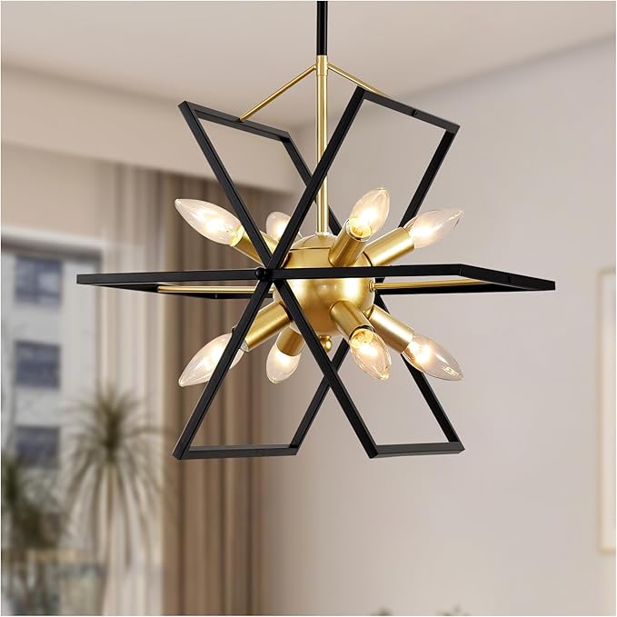 Farmhouse Chandelier,6-Lights Industrial Rustic Dining Room Pendant Light,Adjustable Hanging Candle Light Fixtures for Kitchen Island Living Room Foyer (Black/Gold-8 Lights)